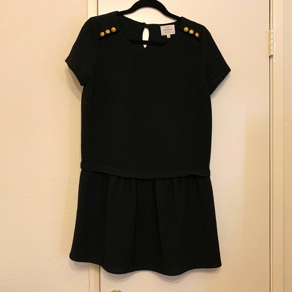 Sezane short sleeve black dress with gold buttons
